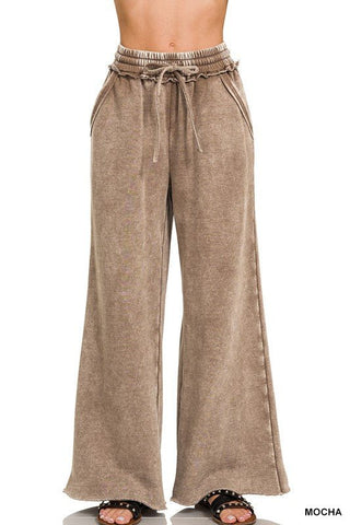 French Terry Wide Leg Pintuck Pants, Mocha - Beach Gypsy