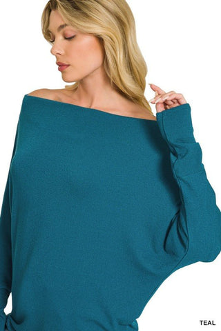 Hacci Dolman Sleeve Boat Neck Top, Teal - Beach Gypsy