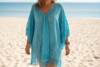 Lace & Fringe Kimono shown open, highlighting its flowy silhouette and fringe print