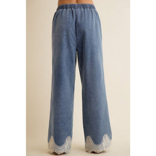 Lace Trim Wide Leg Elastic Waist Jean - Beach Gypsy