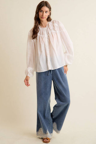 Lace Trim Wide Leg Elastic Waist Jean - Beach Gypsy