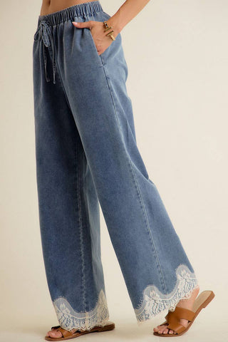 Lace Trim Wide Leg Elastic Waist Jean - Beach Gypsy