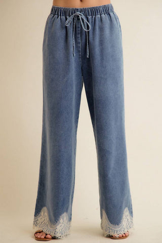 Lace Trim Wide Leg Elastic Waist Jean - Beach Gypsy