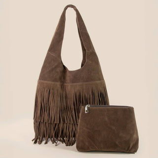 Layered Fringe Hobo Bag shown from the front, highlighting its fringe finish and hardware
