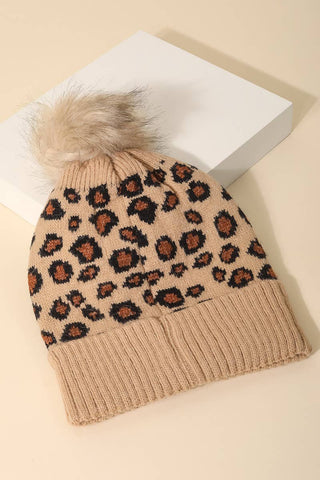 Leopard Print Pom Beanie - Beach Gypsy