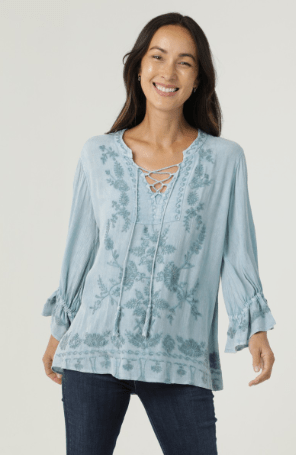 Light Blue Ruffle Sleeve Lace Up Neck Top laid flat or shown on a model, highlighting its boho fabric and neckline in blue