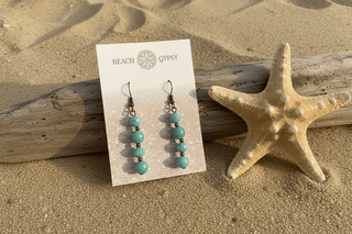 Close-up of Mari Earrings in Amazonite dangle earrings laid flat, showing their amazonite detail