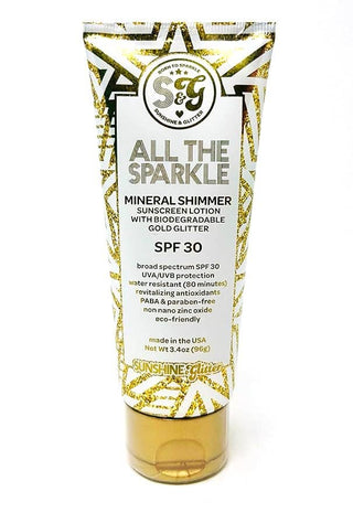 Mineral Biodegradable Gold Glitter Sunscreen SPF 30 bottle shown upright to display its label and shimmer finish