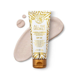 Mineral Biodegradable Gold Glitter Sunscreen SPF 30 bottle shown upright to display its label and shimmer finish