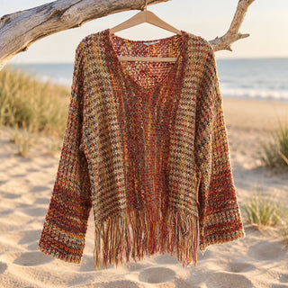 Multicolor Fringe V-Neck Open Knit Sweater - Beach Gypsy