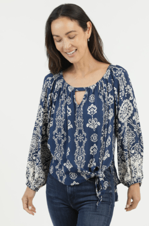 Navy Print Side Tie Top, Navy Blue - Beach Gypsy