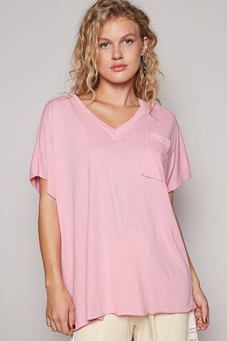 Oversized V-Neck Tee laid flat or shown on a model, highlighting its boho fabric and neckline