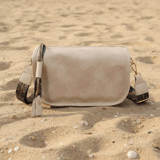 Pattern Strap Zipper Shoulder Bag, Beige shown from the front, highlighting its textured finish and hardware