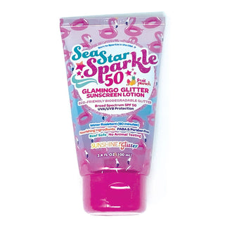 Pink Biodegradable Glitter Sunscreen SPF 50 bottle shown upright to display its label and shimmer finish