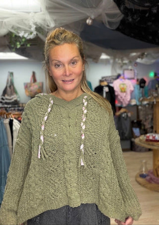 POL Clothing Cable Knit V-Neck Hoodie Sweater - Beach Gypsy