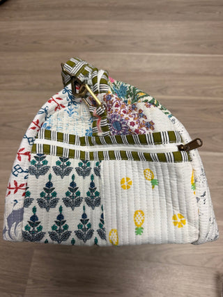 Quilted Patch Overnight Bag highlighting its boho fabric and multiple straps