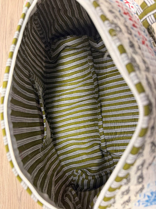 Quilted Patch Overnight Bag highlighting its boho fabric and interior pockets