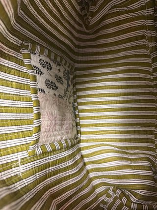 Quilted Patch Overnight Bag highlighting its boho fabric and interior of bag