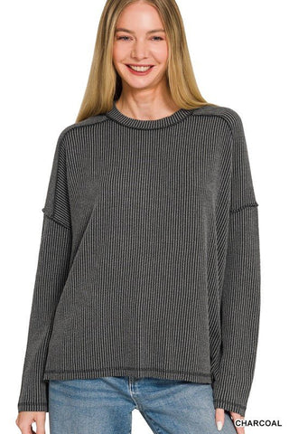 Raised Rib Raw Edge Boat Neck Long Sleeve Top - Beach Gypsy