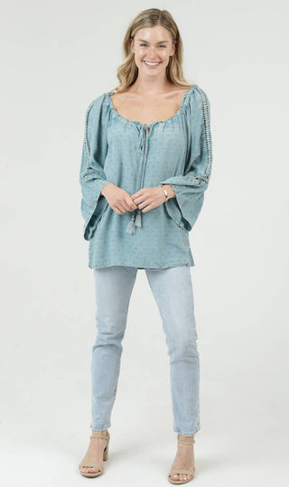 Sage Scoop Neck Tie Front Crochet Detail Top - Beach Gypsy