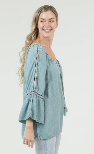 Sage Scoop Neck Tie Front Crochet Detail Top - Beach Gypsy