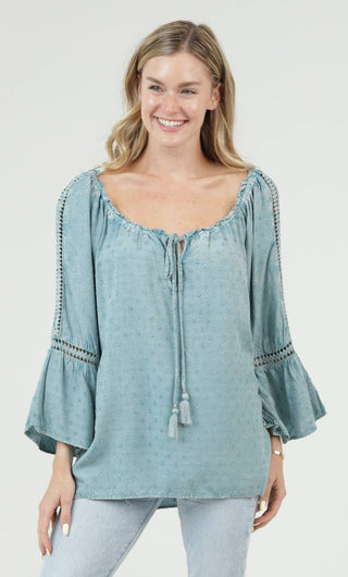 Sage Scoop Neck Tie Front Crochet Detail Top - Beach Gypsy