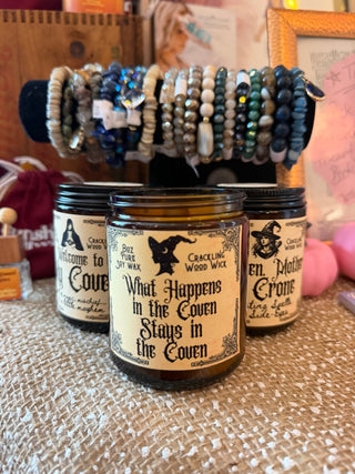 Seasonal Wood Wick Soy Candles in a glass jar with a visible wood wick, styled with seasonal decor