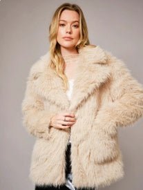 Shaggy Notch Collar Faux Fur Coat - Beach Gypsy