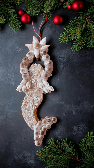 Handcrafted Shell Mermaid Ornament made from natural coastal materials, displayed on a neutral surface