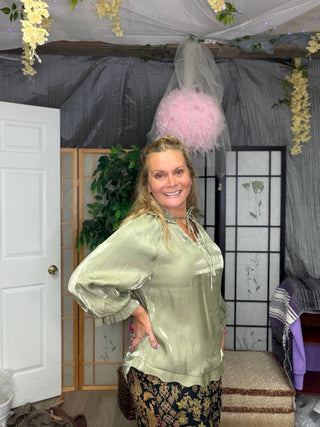 Shimmery Scalloped Tie Neck Balloon Sleeve Blouse - Beach Gypsy