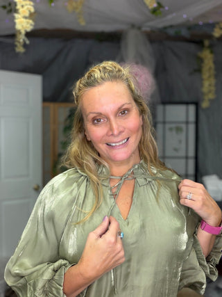 Shimmery Scalloped Tie Neck Balloon Sleeve Blouse - Beach Gypsy
