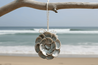 Handcrafted Small Abalone Wreath made from natural coastal materials, displayed on a neutral surface