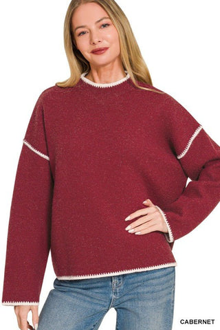 Stitch Detailed Mock Neck Sweater, Cabernet - Beach Gypsy
