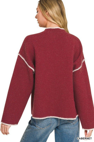 Stitch Detailed Mock Neck Sweater, Cabernet - Beach Gypsy