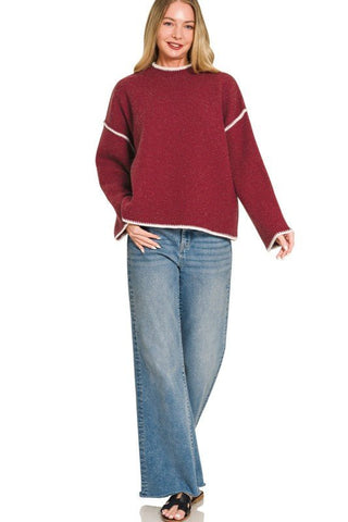 Stitch Detailed Mock Neck Sweater, Cabernet - Beach Gypsy