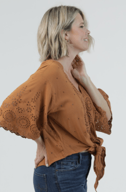 Tan Crochet Tie Front Blouse - Beach Gypsy