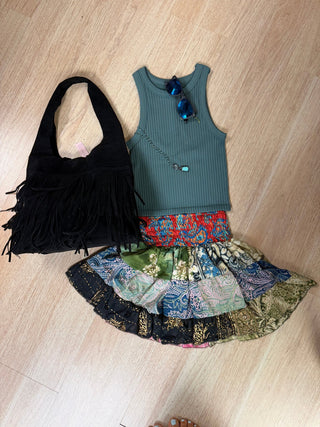 Tiered Silky Patch Skort shown to display its flowy, silky silhouette