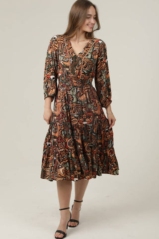 V-Neck Cactus Print Elastic Waist Midi Dress - Beach Gypsy
