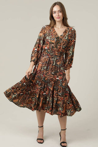 V-Neck Cactus Print Elastic Waist Midi Dress - Beach Gypsy