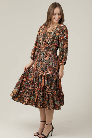 V-Neck Cactus Print Elastic Waist Midi Dress - Beach Gypsy