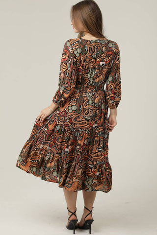 V-Neck Cactus Print Elastic Waist Midi Dress - Beach Gypsy