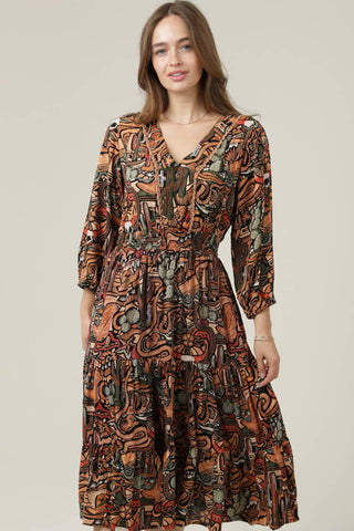 V-Neck Cactus Print Elastic Waist Midi Dress - Beach Gypsy