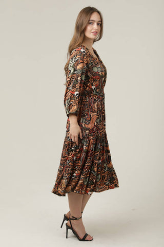 V-Neck Cactus Print Elastic Waist Midi Dress - Beach Gypsy