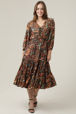 V-Neck Cactus Print Elastic Waist Midi Dress - Beach Gypsy