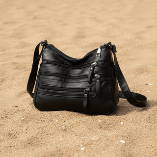 Vegan Leather Multi Zipper Pocket Crossbody Bag, Black - Beach Gypsy