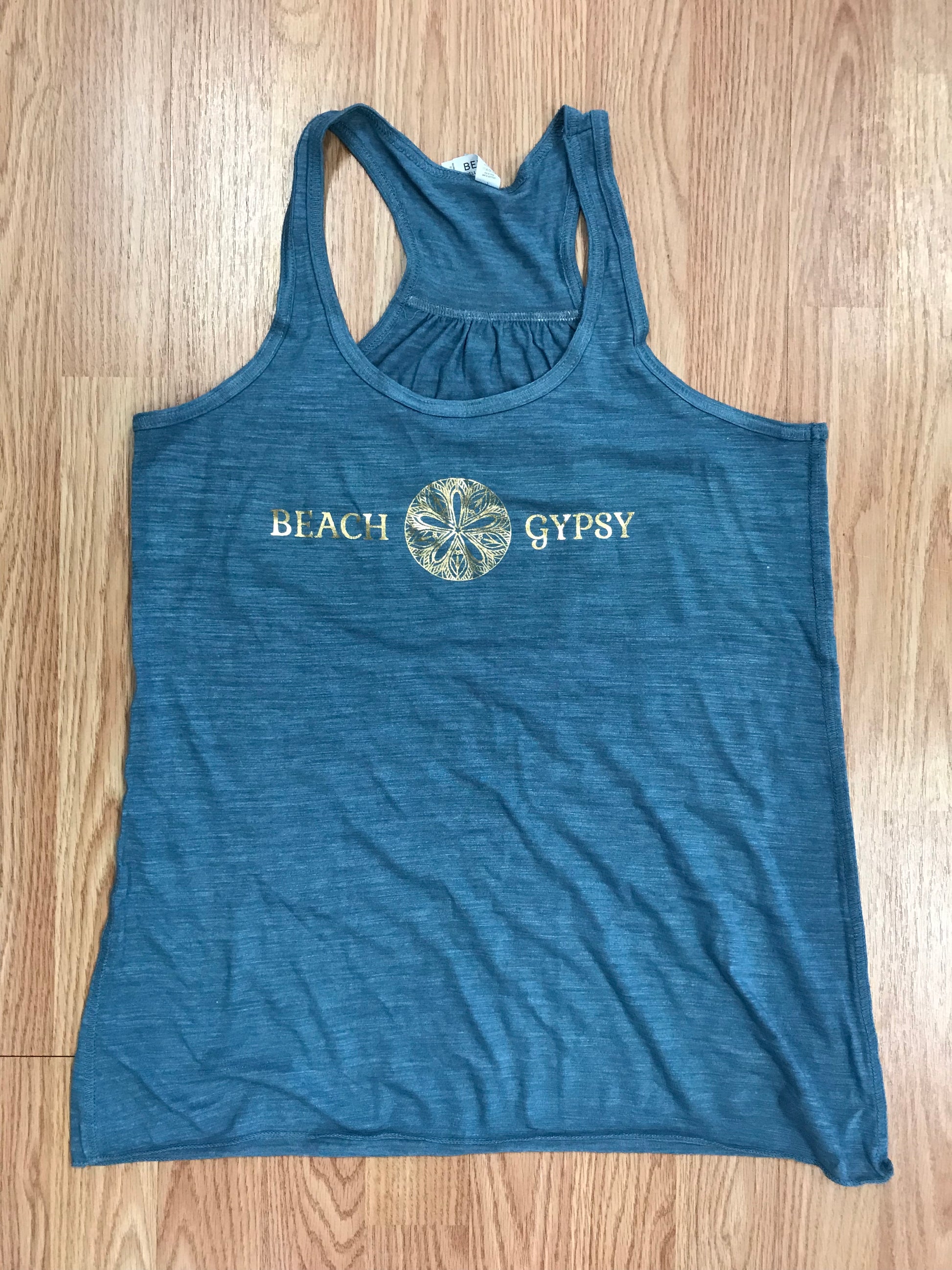denim blue tank top with gold Beach Gypsy logo