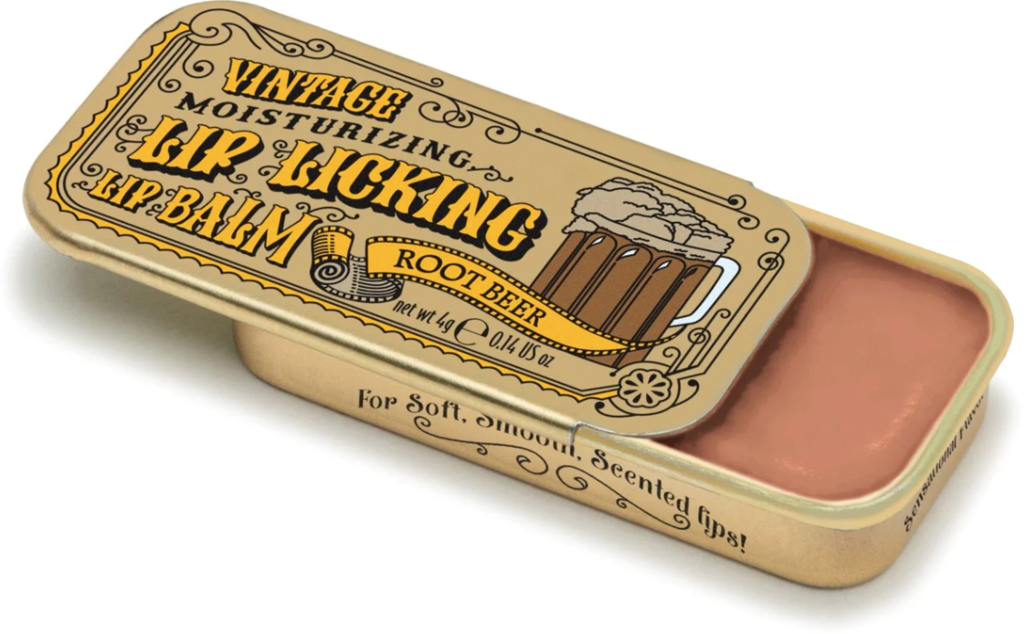 lip gloss in vintage looking tin root beer