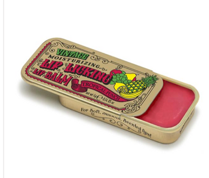 lip gloss in vintage looking tin tropical punch flavored